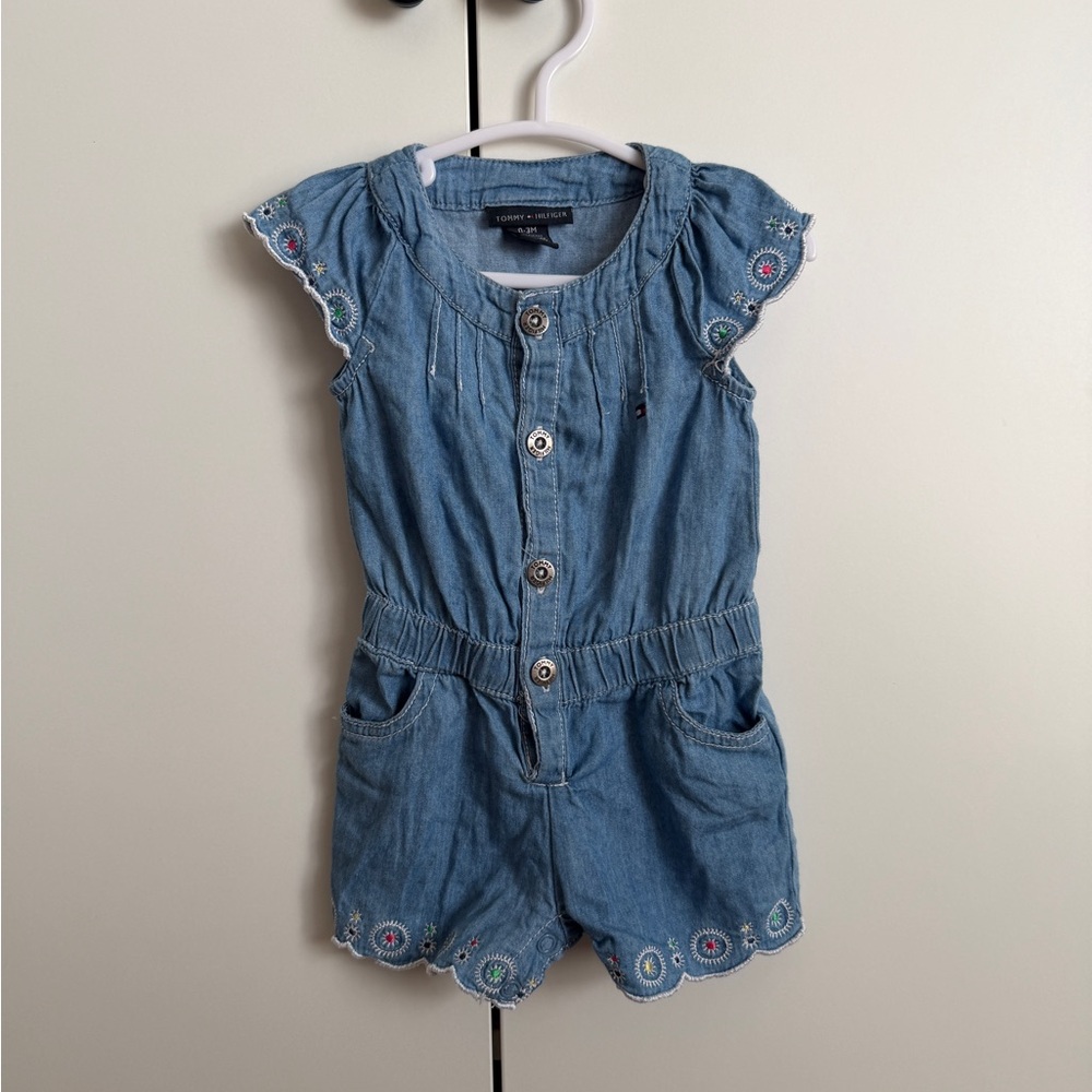 Tommy Hilfiger 0-3mo Girl’s Light Blue Denim Embroidered Romper